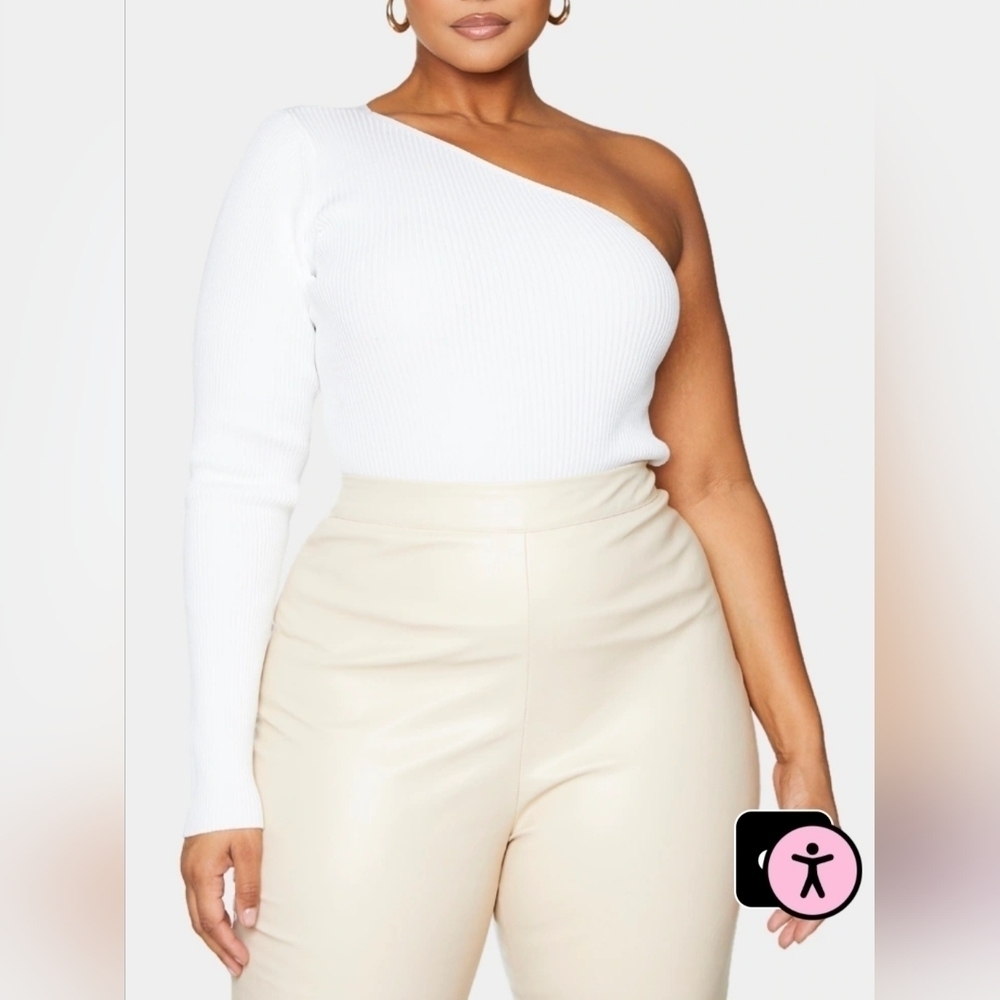 PrettyLittleThing White Asymmetric One-Sleeve Knitted Rib Top Large New With Tag